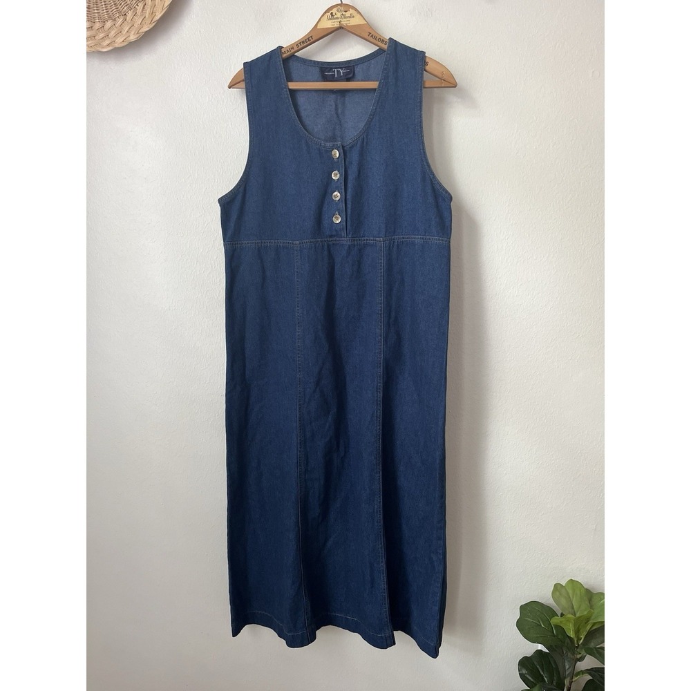 90s Original TY Wear Denim Jumper Modest Dress 10 Petite adjustable back career
